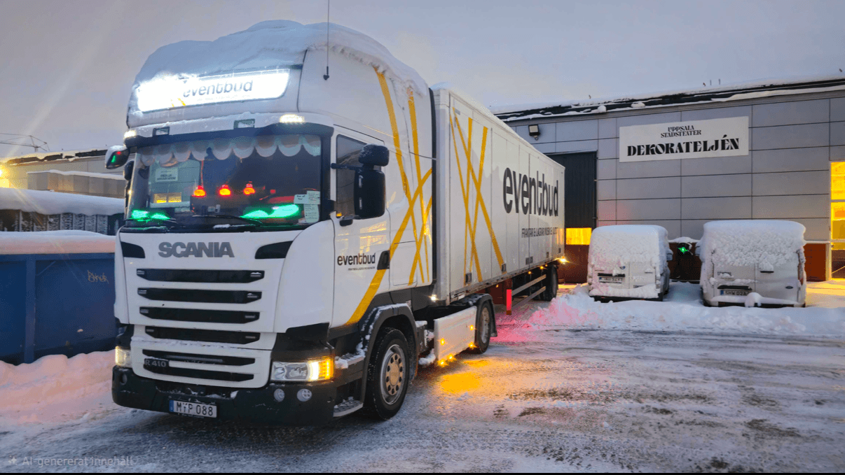 Snöig lastbil och trailer i Uppsala